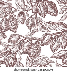 Cacao seamless pattern. Vector hand drawn botanical branch, bean, tropical fruit, leaf. Natural chocolate. Organic sweet food. Graphic art retro sketch on white background. Antique wallpaper