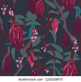 Cacao tree with cocoa beans, flowers and leaves on dark background. For textie, fabric, banner, pack. Hand drawn vector seamless pattern