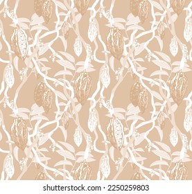 Cacao tree with cocoa beans, flowers and leaves on yellow tone background. For textie, fabric, banner, pack. Hand drawn vector seamless pattern in beige color palette