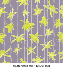 Cacao tree flower silhouettes on hand drawn stripes seamless vector pattern background. Great for fabric, packaging, home decor, wallpaper and more.