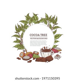 Cacao tree frame with leaves, fruit and branches of plant, vintage engraving vector illustration isolated on white background. Decorative frame with cocoa plant.