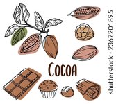 Cacao vector illustration set. Cocoa hand drawn doodle. Chocolate sketch. Cacao plant part, cacao beans, leaves, chocolate bar, muffin, chocolate dessert. Design for cafe, shop, menu, label, logo.