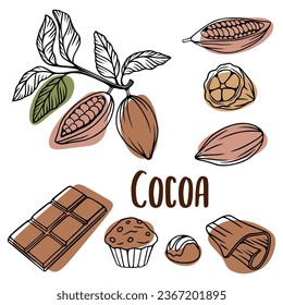 Cacao vector illustration set. Cocoa hand drawn doodle. Chocolate sketch. Cacao plant part, cacao beans, leaves, chocolate bar, muffin, chocolate dessert. Design for cafe, shop, menu, label, logo.