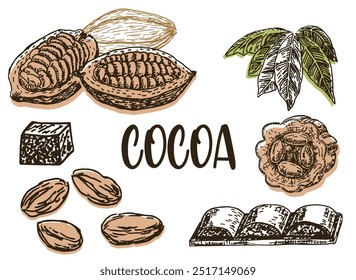 Cacao vector sketch illustration set. Cocoa hand drawn doodle. Chocolate. Cacao plant part, cacao beans, leaves, chocolate bar, chocolate dessert. For cafe, shop, menu, label, emblem, logo. 