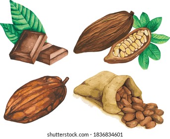 La acuarela de Cacao ilustra los frijoles de cacao y el chocolate. Dibujar objetos aislados a mano sobre fondo blanco. ilustración vectorial