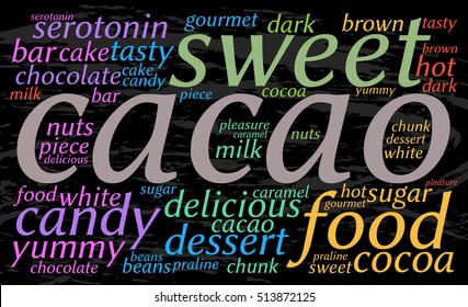 Cacao. Word cloud, black water background, elegant bright font. Food concept.