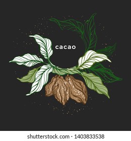 Cacao wreath. Natural chocolate. Vector nature template. Art hand drawn botanical tree, bean, tropical fruit, leaves. Organic sweet food, graphic sketch Hand drawn template Cocoa border 