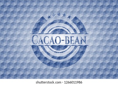 Cacao-bean blue emblem with geometric pattern background.