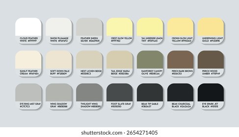 Cacatua alba Color Palette. Cacatua alba color Tone Swatch Chart with HEX Codes and Color Names. White cockatoo Feather and Body Tones Variants. blue lovely Colors Palette vector. cream to back Vector