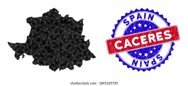 Caceres Province map polygonal mesh with filled triangles, and textured bicolor stamp imitation. Triangle mosaic Caceres Province map with mesh vector model, triangles have different sizes,