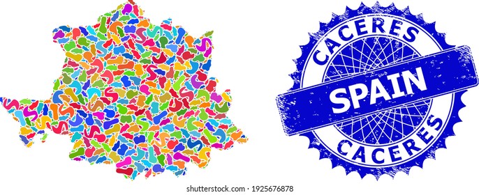 Plantilla de mapa de la provincia de Cáceres. Collage de salpicaduras y sello impuro para el mapa de la provincia de Cáceres. Sello azul rosetón nítido con texto para el mapa de la provincia de Cáceres.
