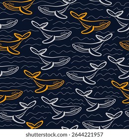 Cachalot Seamless Pattern Line Art Style. Cachalot Simple Hand Drawn Art Print for Trendy Design. Ocean Animals Abstract Vector Illustration in Doodle Sketch Style. Not AI
