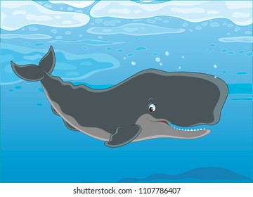 Cachalot swimming under ice floes in blue water of a polar sea, vector illustration