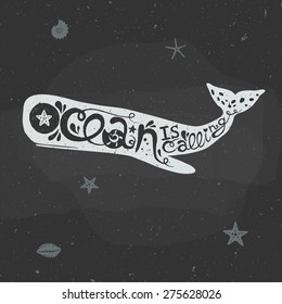 cachalot whale with had-drawn lettering, black and white design, chalk on a blackboard