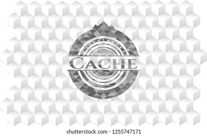 Cache realistic grey emblem with geometric cube white background