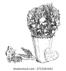 cachepot mit spitze trim voll lavendel und spartium spanischen besen bouquet, gepunktete herz, gelber schmetterling. Einzige Illustration, handgezeichnet mit Vektorfarbe. Kräutergarten Messe Branding, Eco-Verpackung