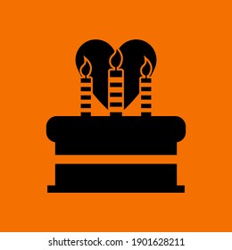 Cacke With Candles And Heart Icon. Black on Orange Background. Vector Illustration.