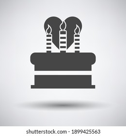 Cacke With Candles And Heart Icon. Dark Gray on Gray Background With Round Shadow. Vector Illustration.
