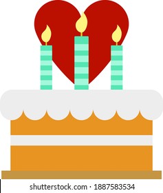 Cacke With Candles And Heart Icon. Flat Color Design. Vector Illustration.