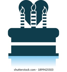 Cacke With Candles And Heart Icon. Shadow Reflection Design. Vector Illustration.