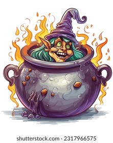 Cackling Witch Cauldron illustration on white background