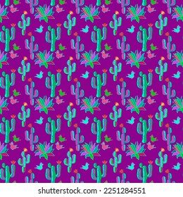 Cacti and agave. Cartoon hand-drawn mexican vector seamless pattern.
