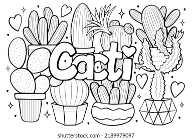 Cacti anti stress coloring page with set of cactuses, hand drawn line art for plant lovers converted to vector