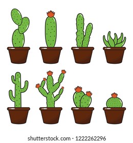 Cacti Cactus Plant Pot Flat Design Illustration Set