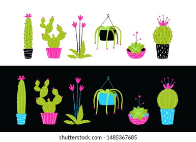 Cacti cactus and succulent flowers interior collection. Home garden hand drawn cartoon illustration with house plants. Watercolor style colorful vector floral set.