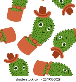 Cacti character in hat pattern. Vector illustration in cartoon flat style isolated on white background.