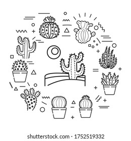 Banner circular en la web de Cacti. Infografía con iconos lineales sobre fondo blanco. Concepto creativo. Ilustración negra de contorno aislado