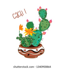 Cacti in a clay pot . Cacti in a pot . Vector illustration