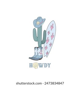 Cacti in cowboy hat and shoes with surf board vector illustration. Coastal western pre-made card 