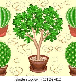 Cacti and Crassula in pots on a green background. A fancy pattern. Suitable as wallpaper on, as a background for gift wrapping. Creates a cheerful mood. Vector illustration.
