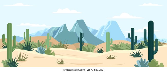 Cacti in the desert. Beautiful Wild West desert landscape with mountains and cacti. Vector illustration of desert nature with silhouettes of cacti, bushes and sandstones.