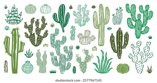 Cacti. Desert plant, Mexican cactus flower, aloe, succulent. Cartoon gardening decorative cactus, houseplants, natural desert summer plants. Flat colorful vector set