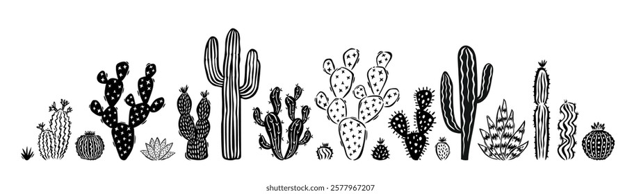 Cacti. Desert plant, Mexican cactus flower, aloe, succulent. Cartoon gardening decorative cactus, houseplants, natural desert summer plants. Flat colorful vector set