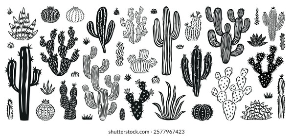 Cacti. Desert plant, Mexican cactus flower, aloe, succulent. Cartoon gardening decorative cactus, houseplants, natural desert summer plants. Flat vector set