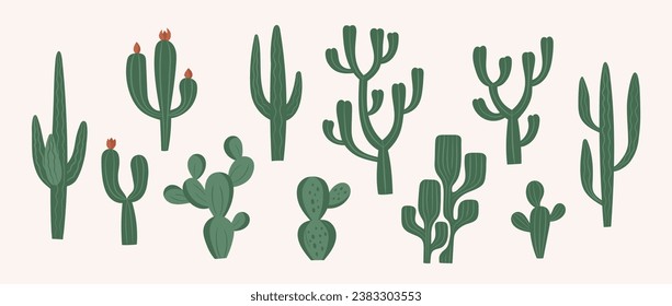 Cacti, desert plants set with cute hand drawn western cactuses.