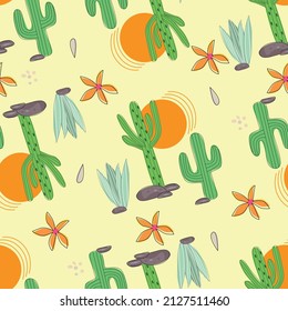 Cacti in the desert sunset seamless pattern, cartoon cactus in flat style, doodle illustration hand drawing