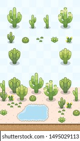 Cacti and desert vegetations for American desert scene on oblique projection. Images are designed to align into square grid for easy game tile-mapping.