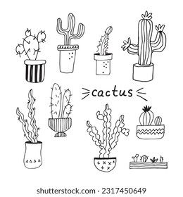 Cacti different types vector doodle illustration hand drawn. Сactus home plant minimal style with lettering design element for flower shop, poster, background, template, card, logo