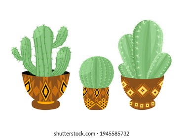 Cacti de diferentes variedades en macetas de flores. Ilustración del vector