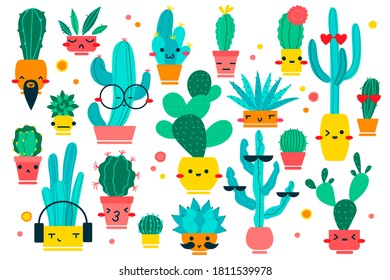 Cacti doodle set. Hand drawn doodle patterns of different shpae cactus botanical collection mascots character with happy faces on white background. Dessert and house plants illustration.