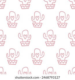 Cacti Doodles Cactus Love Cute Romantic Seamless Pattern, Valentines Day Background Texture. Wallpaper, Minimal Textile Print Design Vector Illustration, Vintage Retro Style