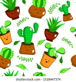 Cacti with eyes. Cuctus. Cactus on wallpaper. Pattern. Vector illustration. Funni cacti. Cartoon plants. 