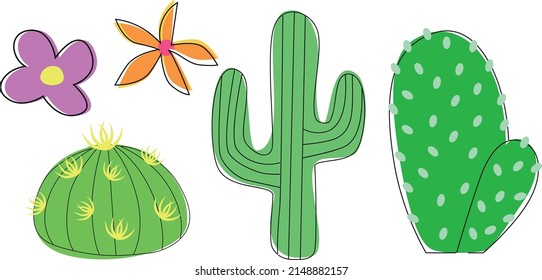 Cacti in flat style, set of succulents, flowering plants isolated on white background