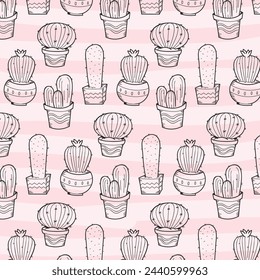 Cacti flower background. Seamless pattern with cactus and succulents. Hand drawn vector illustration in trendy cute cartoon style.