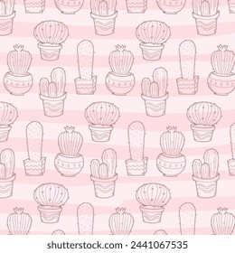 Cacti flower background. Seamless pattern with cactus and succulents. Hand drawn vector illustration in trendy cute cartoon style.