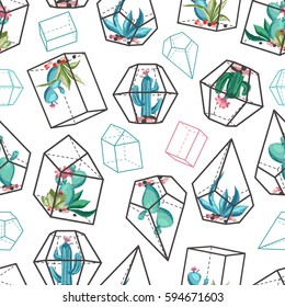 Cacti flower background. Seamless pattern with cactus and succulents. Hand drawn vector illustration in trendy cute cartoon style.